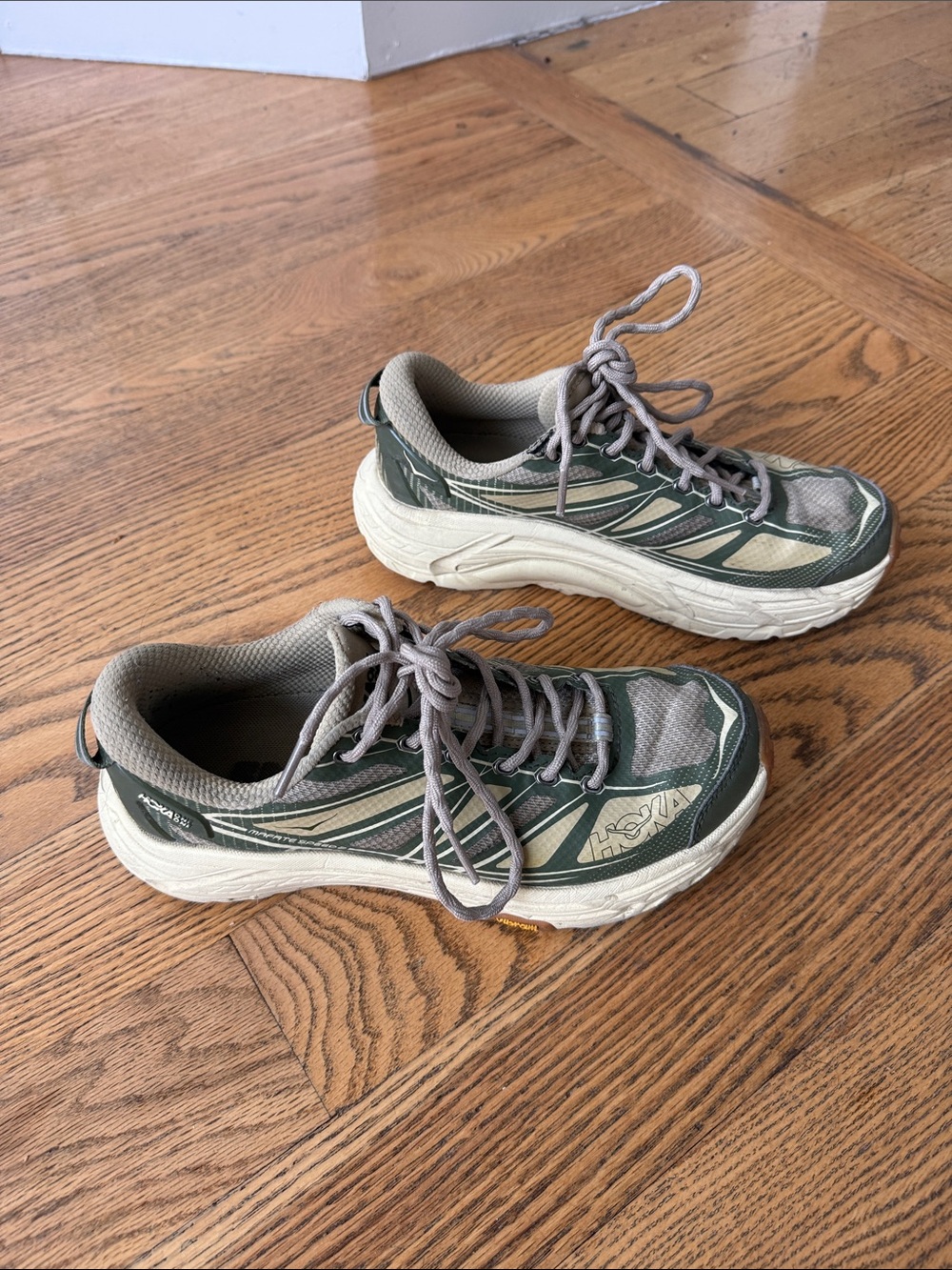 Hoka Green and Beige Trail Running Sneakers
